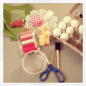 Items needed for decoupaging eggs.